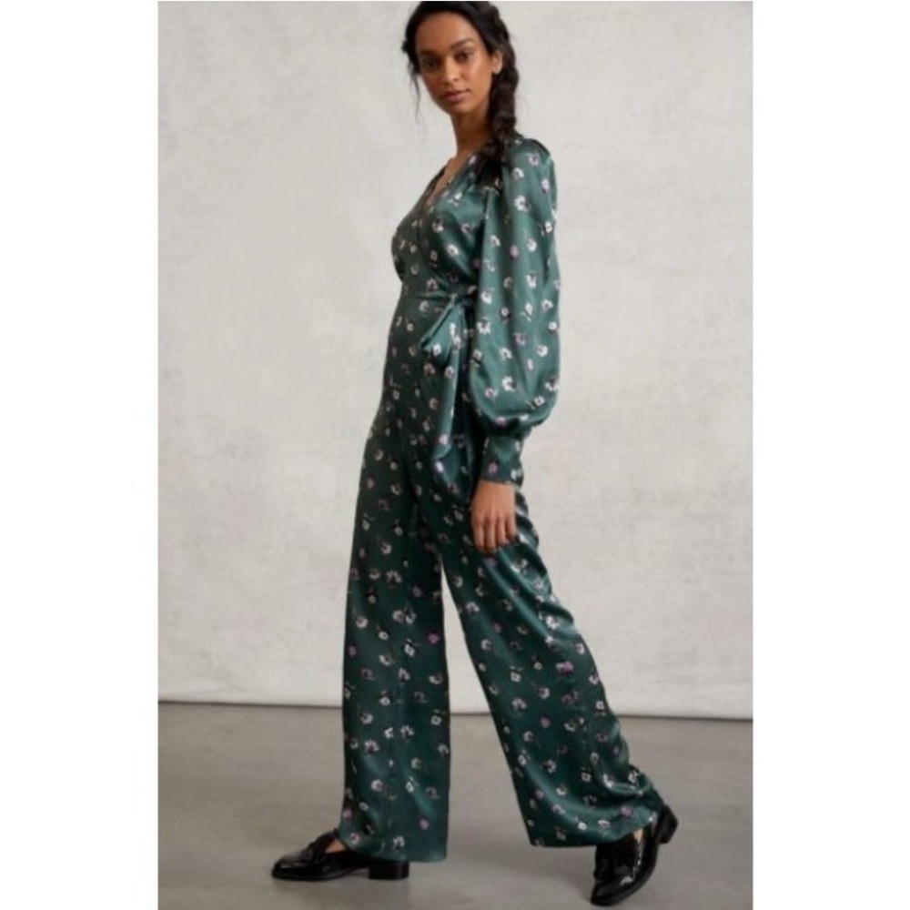 Anthropologie ML Monique Lhuillier Lorelei Floral Jumpsuit Sz 2 Holly Green